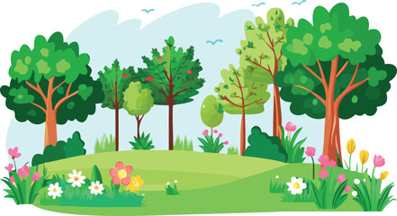 Obraz premium Vector illustration of a cartoon landscape featuring trees, flowers, and birds in a vibrant, colorful setting. 