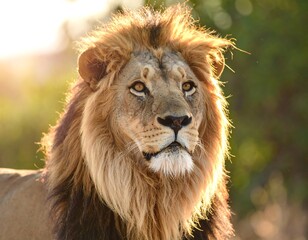 Fototapeta premium Majestic lion portrait in golden sunlight