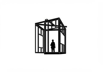 Abstract graphic of a human figure inside a minimalist architectural frame, symbolizing foundational construction, conceptual design, and the precise framework for future building projects