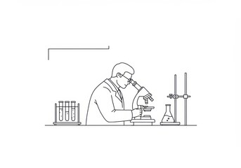Scientist at Work Microscope and Lab Equipment Line Art Illustration