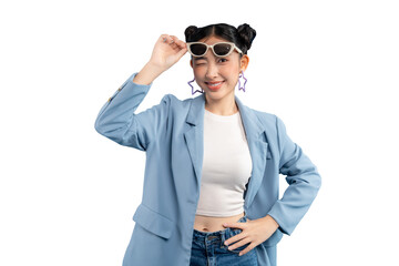 Portrait young Asian woman wearing stylish sunglasses and a confident pose PNG