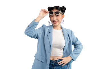 Portrait young Asian woman wearing stylish sunglasses and a confident pose PNG