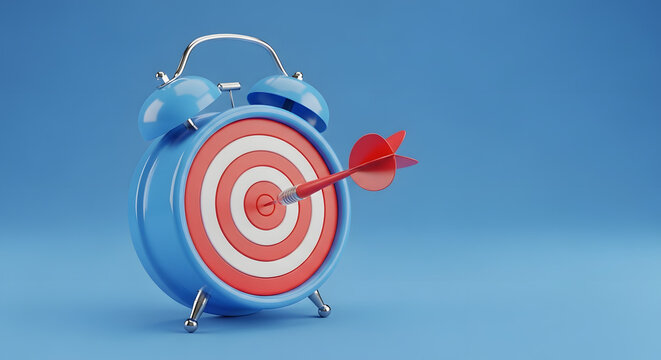 Blue alarm clock with target bullseye and dart in center symbolizing time management , and goal focus concept on yellow background. 3D Rendering. 3D Rendering - Powered by Adobe