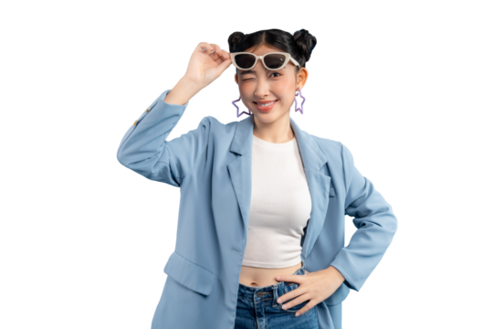 Portrait young Asian woman wearing stylish sunglasses and a confident pose PNG
