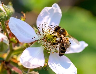 Bee on a white blackberry flower