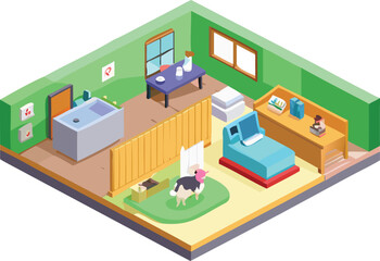 A cozy room featuring a bed, a bathroom, and a cow standing in the corner, creating a unique and whimsical atmosphere.
