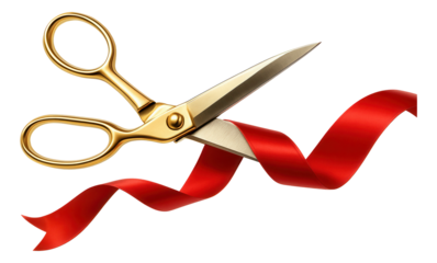 Golden scissors cutting red ribbon on white background.