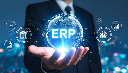 A person's hands cradle a globe with "ERP" displayed, surrounded by tech icons. The background is a blurred cityscape