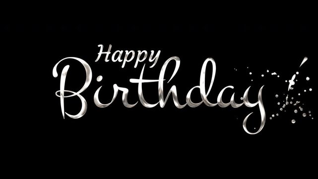 Silver cursive happy birthday on black background. Perfect for birthday cards, invitations, posters, and social media posts celebrating birthdays.