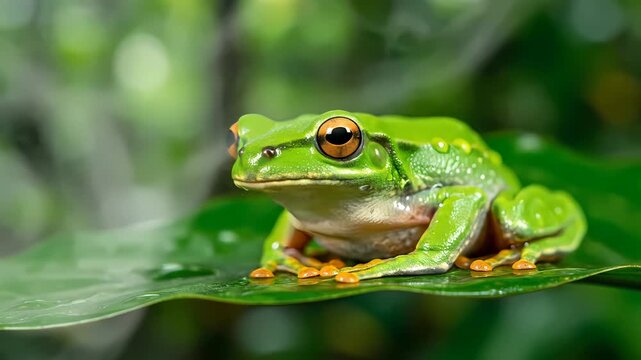 A vibrant green tree frog with striking golden eyes rests serenely on a large, dew-covered leaf in a lush, natural forest environment