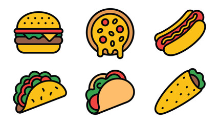 Vector art of collection of fast food, including burger, pizza, hot dog, taco, and burrito for restaurant or delivery service menu