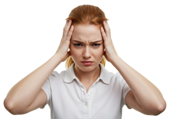 Young woman holding her head in distress isolated on transparent background