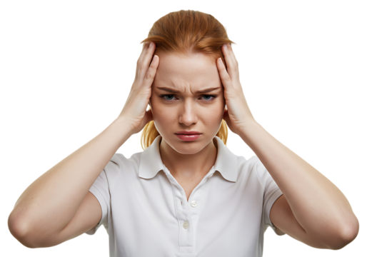 Young woman holding her head in distress isolated on transparent background - Powered by Adobe