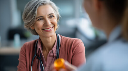 Female pharmaceutical sales specialist presenting cutting edge medication to female physician in clinical environment medical collaboration pharmaceutical education with copy