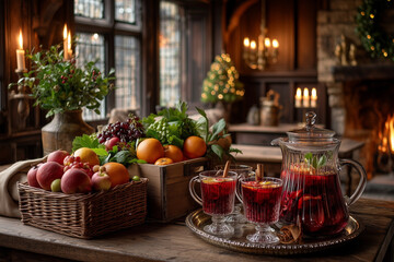 Cozy Holiday Interior in Modern Castle with Rustic Table, Fresh Fruits, Mulled Wine and Punch by Fireplace and Christmas Tree Decoration