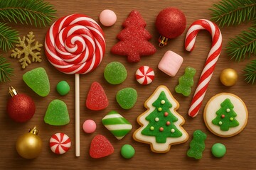 Festive Christmas assortment of candies and cookies on wooden surface with red and white lollipop, candy cane, peppermint sweets, marshmallows, tree cookies, gumdrops, ornaments, pine branches 