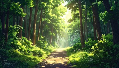 Sunlit path through a dense, vibrant forest. Lush greenery, tall trees, and a well-worn path lead into a sunlit clearing