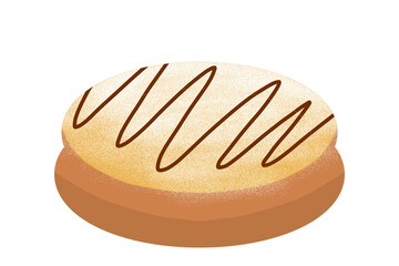 A round bread bun topped with diagonal chocolate lines, representing fresh bakery pastry or sweet snack illustration.