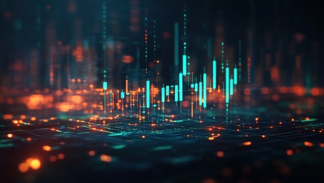 Futuristic digital data visualization showing a glowing graph with rising and falling elements - Powered by Adobe