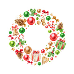 Watercolor illustration Christmas wreath made of separate decorative elements, gifts, balls, holly, sugar canes, candy, pine cones. New Year festive decoration PNG on transparent background