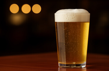A frothy pint of golden beer sparkles with bubbles on a wooden table, glowing warmly under soft evening lights.