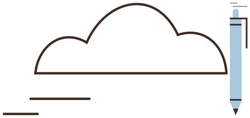 Cloud outline with minimalistic design, complemented by a pen symbolizing creativity and ideas. Ideal for technology, innovation, brainstorming, digital storage, cloud computing, communication