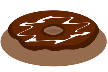 A round donut topped with chocolate icing and white swirl drizzle, perfect for dessert, snack, or bakery decoration.