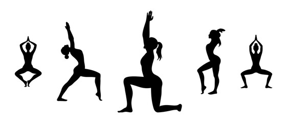 Yoga poses silhouette black filled vector Illustration icon 01.
