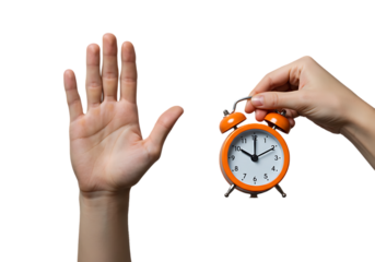Hand signaling stop near an orange alarm clock isolated on transparent background