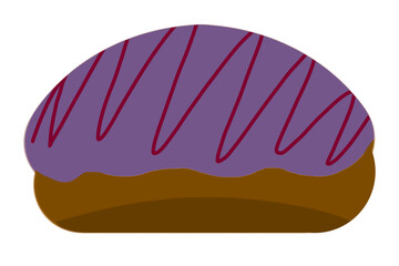 A donut illustration with purple icing and red drizzle topping, symbolizing sweet dessert and bakery treat.