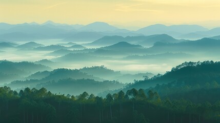 Serene Green Mountain Landscape with Misty Valleys and Soft Sunrise Lighting