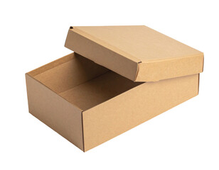 Opened light brown cardboard box,  lid slightly angled