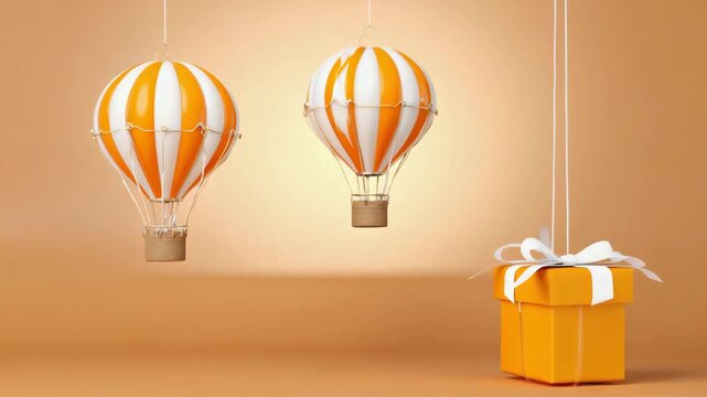 3D Hot Air Balloon and Gift Box Hanging on Strings in Beige Background