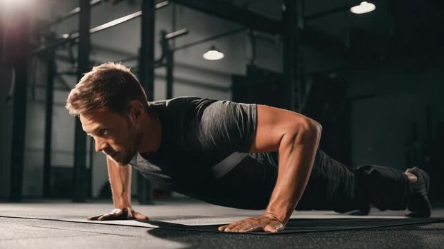 Powerful fit man do push-ups in gym setting. Strong physique fitness and strength training. Effort and intensity of workout. Motivation and performance. Physical exercise, strength.
