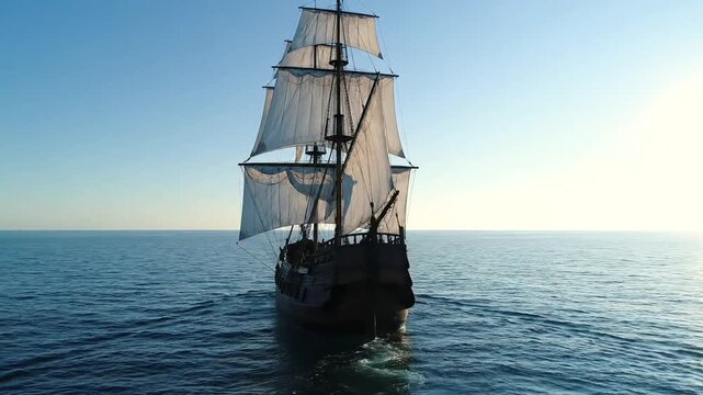 Tall ship sailing on the ocean under a clear blue sky.