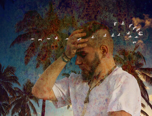 Man touching forehead with hand among palm trees at sunset, symbolizing anxiety, inner conflict