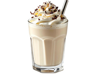 Creamy, light-brown beverage in a glass, topped with whipped cream and chocolate shavings.  A metal straw is visible