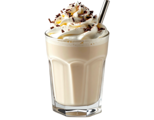 Creamy, light-brown beverage in a glass, topped with whipped cream and chocolate shavings.  A metal straw is visible