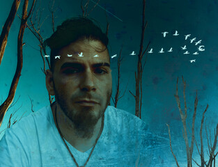 Contemplative man among barren trees with overlay of flying birds symbolizing loneliness