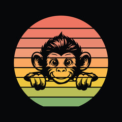 Monkey Peeking Sunset Vintage Retro