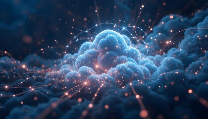 Stunning digital clouds with glowing connections create a futuristic, ethereal, and dynamic network visualization that sparks innovation and imagination