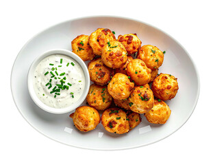 Crispy cheese bites on a platter with dipping sauce
