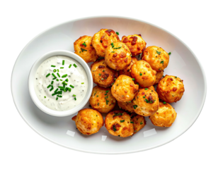 Crispy cheese bites on a platter with dipping sauce