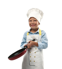 Choice of profession. Little boy with frying pan pretending to be chef on white background