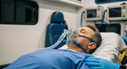 Male patient with oxygen mask lying unconscious on stretcher in ambulance. Emergency medical service and healthcare concept.