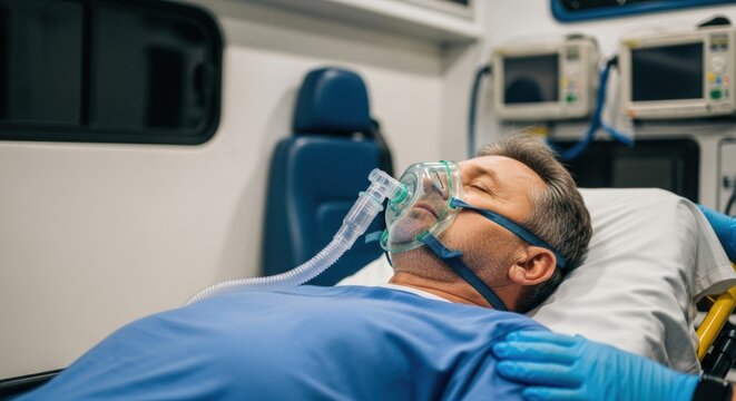 Male patient with oxygen mask lying unconscious on stretcher in ambulance. Emergency medical service and healthcare concept.