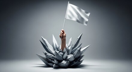 Hand of a person breaking through sharp crystals holding a white flag. Concept of surrender, peace in war.