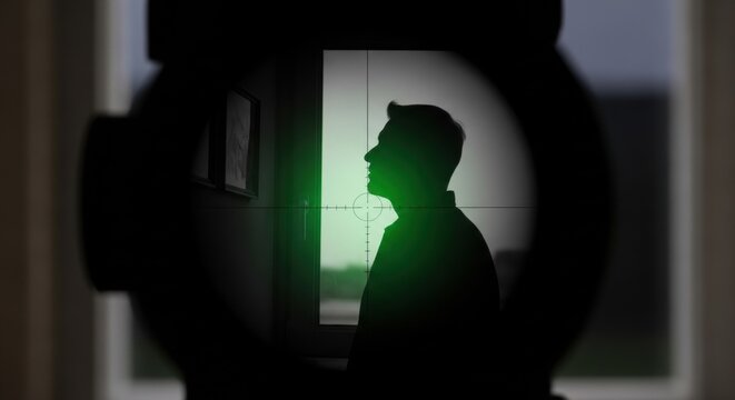Man silhouette in sniper scope. Target view of a head. Concept of danger and hunting.