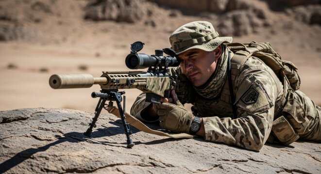 Male military sniper aiming with rifle from ground in desert landscape for combat operation.