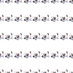 seamless pattern of stuffed toy, plush puppy hand drawn with colored pencils on white background. Dog stuffie